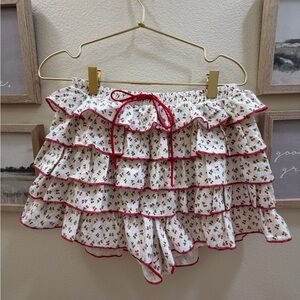 Tiered Floral Ruffle Mini Skirt with Red Trim